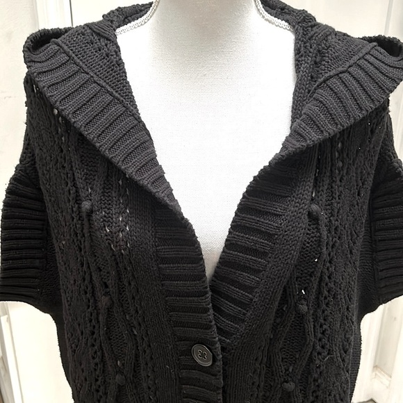 Moda Intl Womens Black Cotton Hooded Cable Knit Cardigan S Dark Academia Cozy - Picture 3 of 11